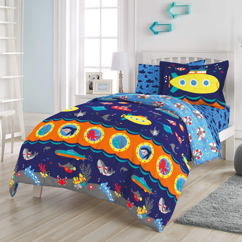 dream FACTORY Kids 7-Piece Complete Set Easy-Wash Super Soft Microfiber Comforter Bedding, Full, Navy Submarine - Image 5